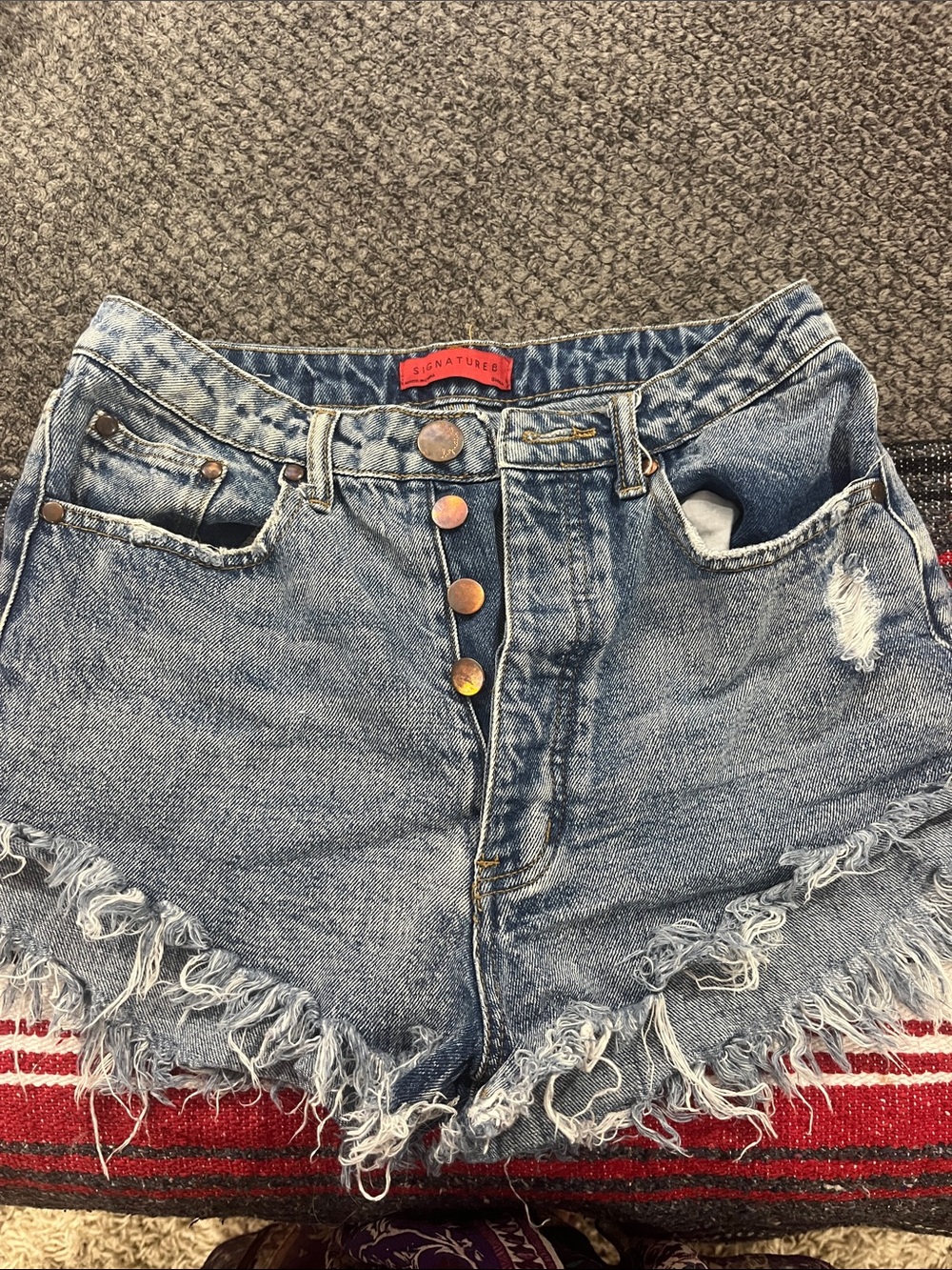 Signature Light Blue High-Rise Distressed Denim Shorts